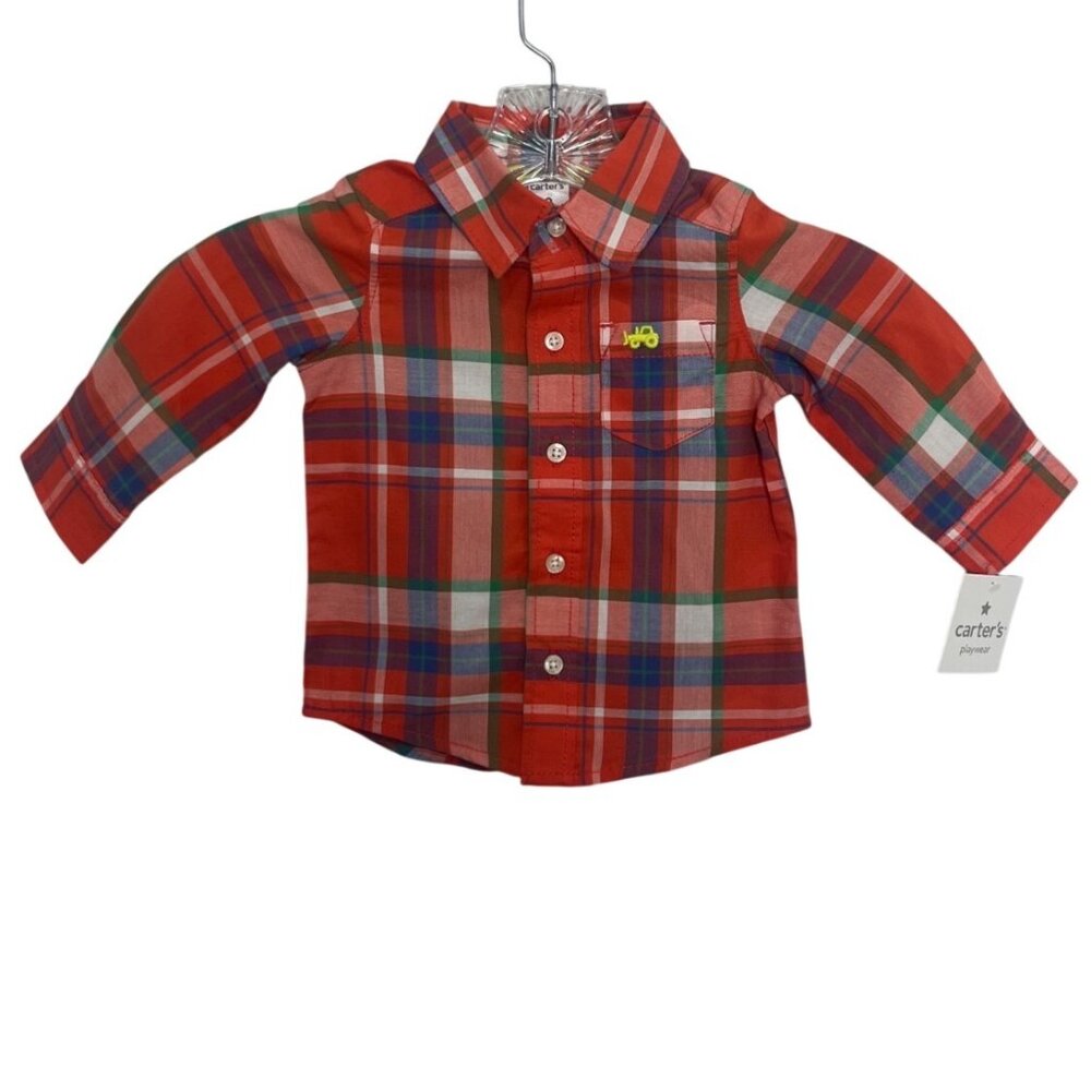 Carters Long Sleeve Button Up Shirt Baby Boys Size 9M Red Plaid